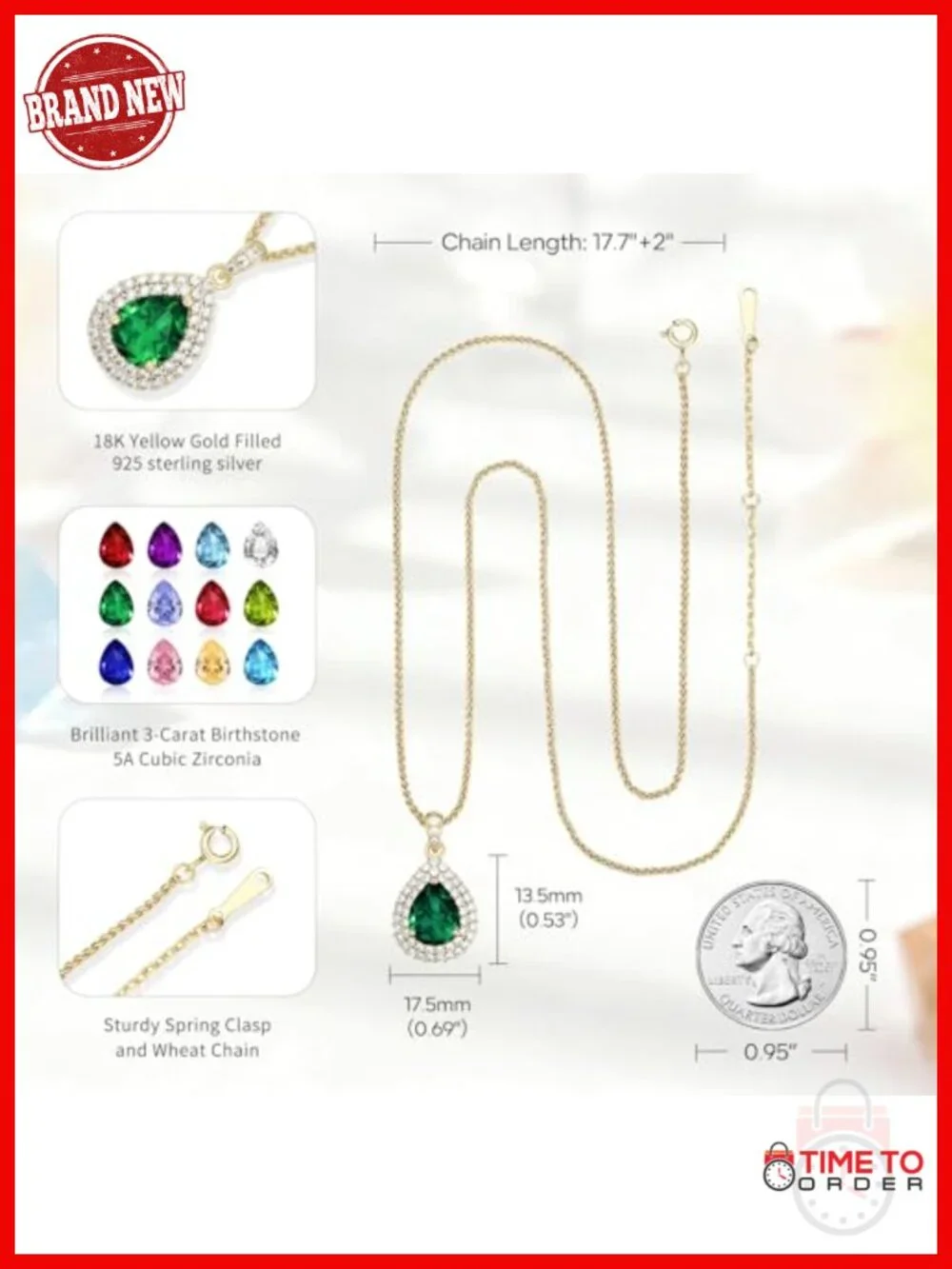 18K Gold Plated Sterling Silver Teardrop Birthstone Pendant Necklace Gift